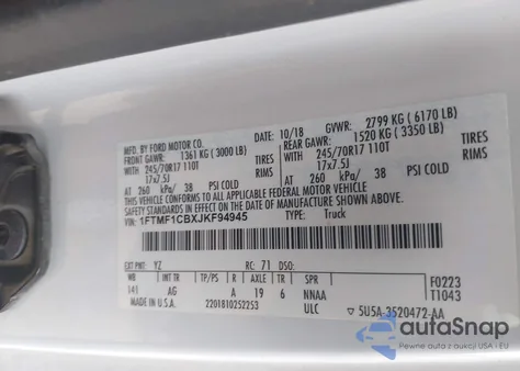 2018 Ford F-150 Xl z USA, uszkodzony, nr VIN 1FTMF1CBXJKF94945